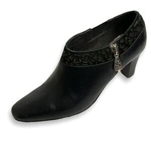Brighton Black Genuine Leather Ankle Booties with Silver Hardware and Suede Trim
